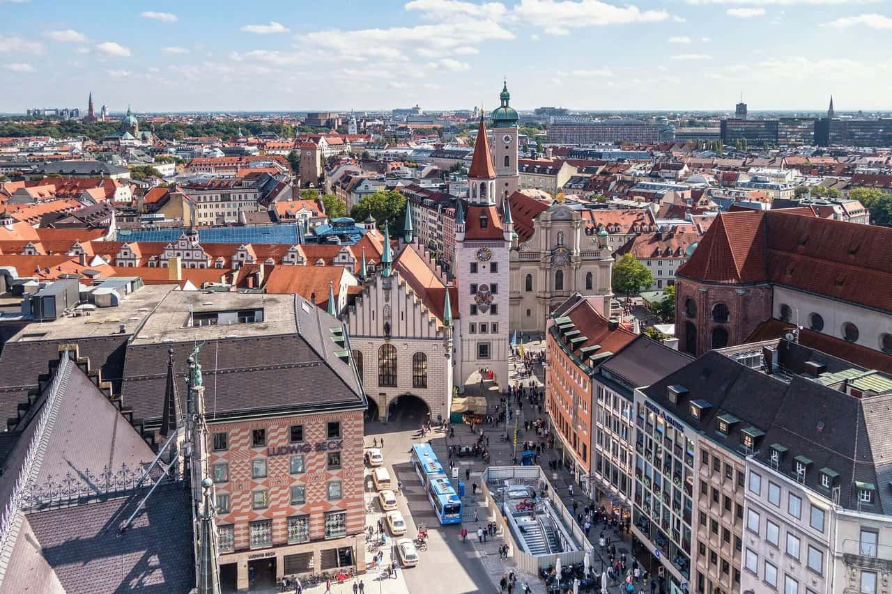 Elevated view over Munich’s Marienplatz showing the Old Town Hall and bustling city streets