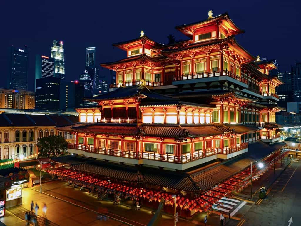 A temple in Singapore all lit up to show you that it is not the most boring city in the world