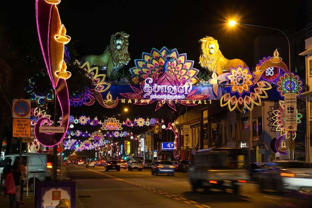 A street lit up at night 