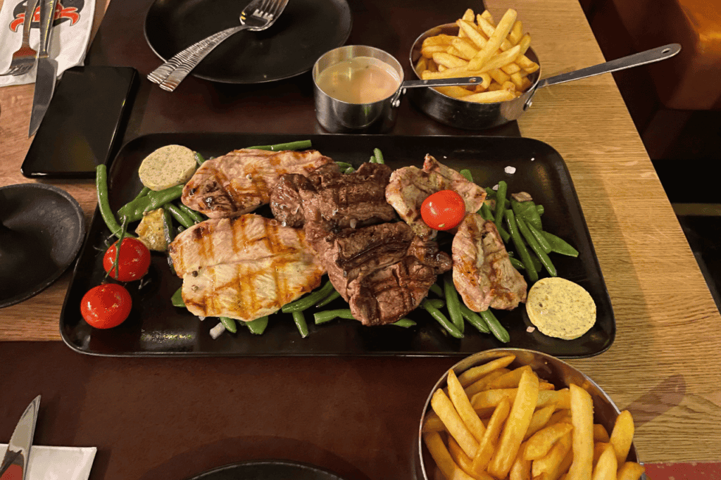 plate of steak and chicken