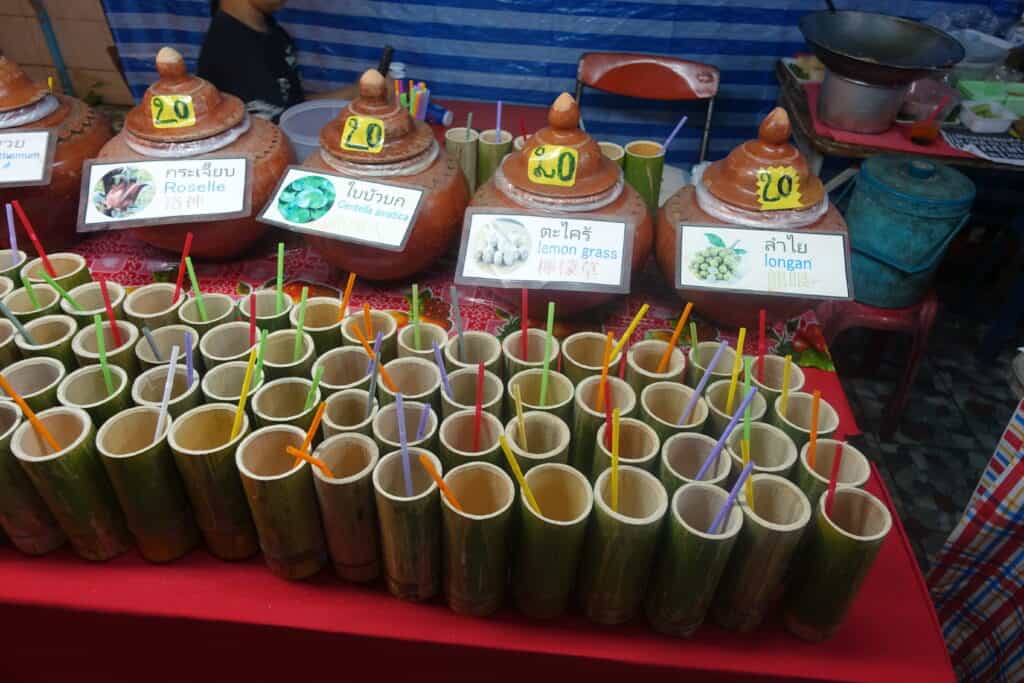 fresh juice cups at market chiang mai sunday