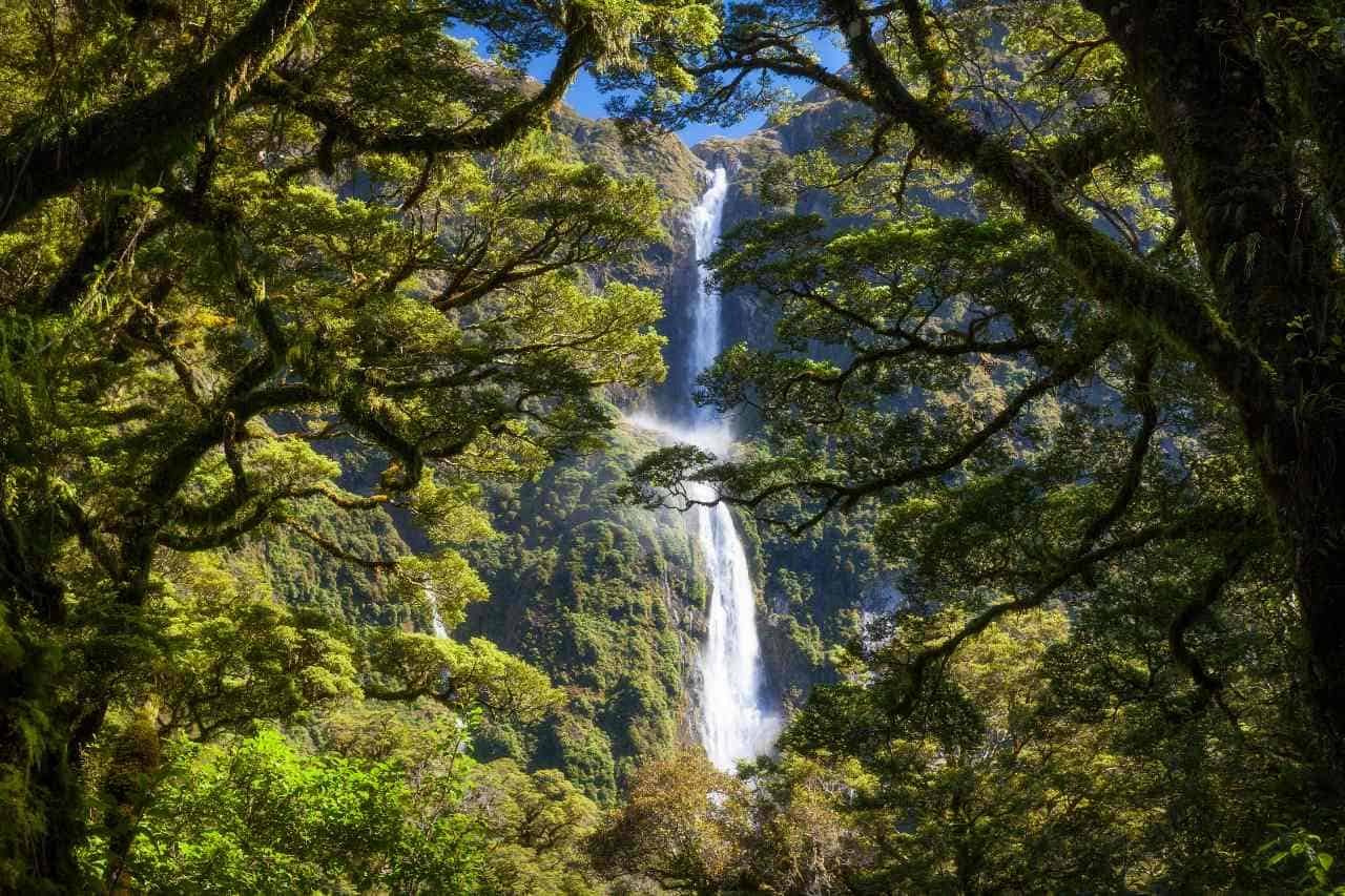 Breathtaking Sutherland Falls in Fiordland National Park, New Zealand, accessible via a stunning hike