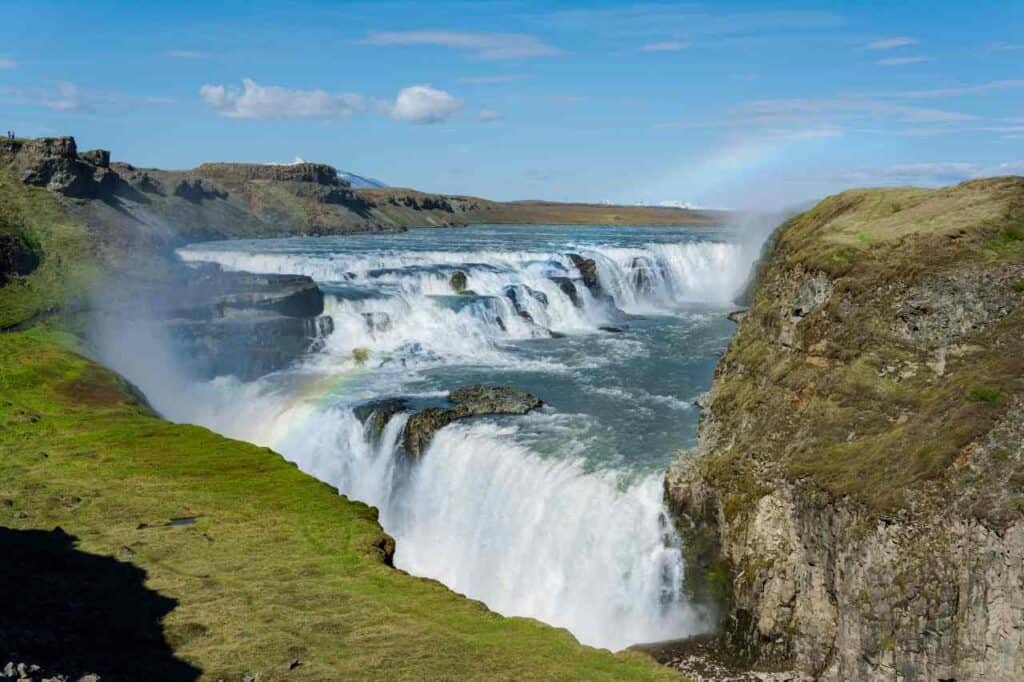 Scenic Gullfoss, Iceland’s 'Golden Falls', featuring a spectacular two-tiered cascade