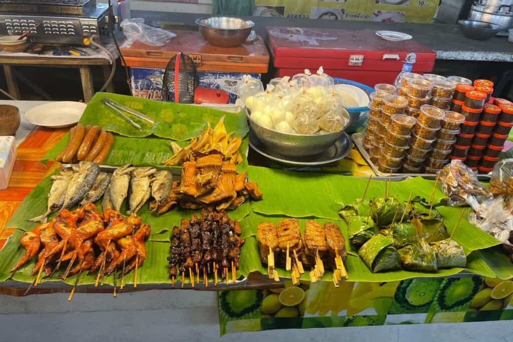 meat on a skewer at the saturday night market