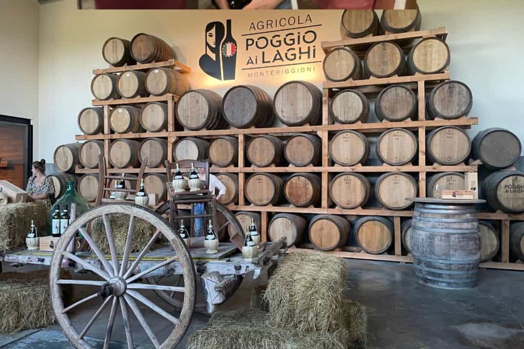 barrels of wine inside the poggio ai laghi winery in florence