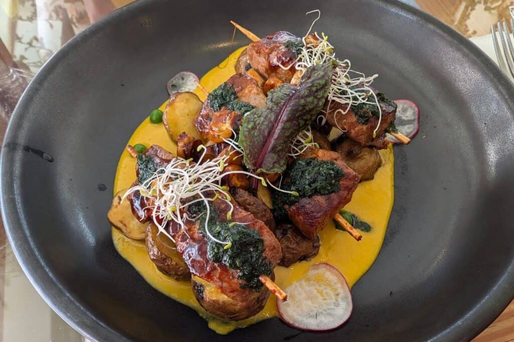 plate of alpaca steak and a yellow sauce