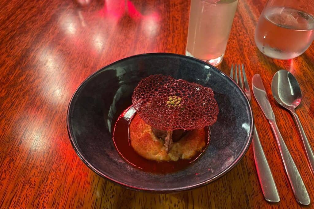 vegetable course with fried beet on top