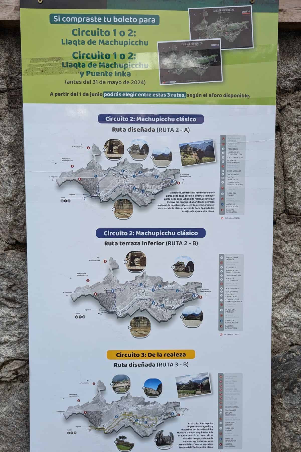 close up map view of the three circuits at machu picchu