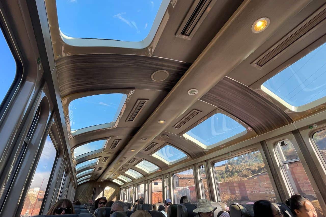 Inside Peru trains showing the open air ceiling on the route to Machu Picchu