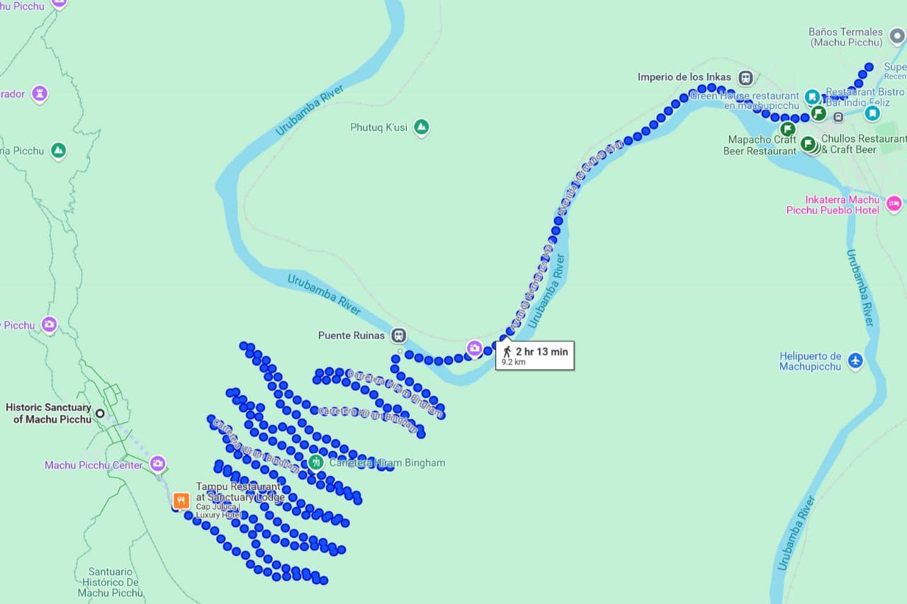 Google Map showing a very crooked walking path from Machu Picchu to Aguas Calientes