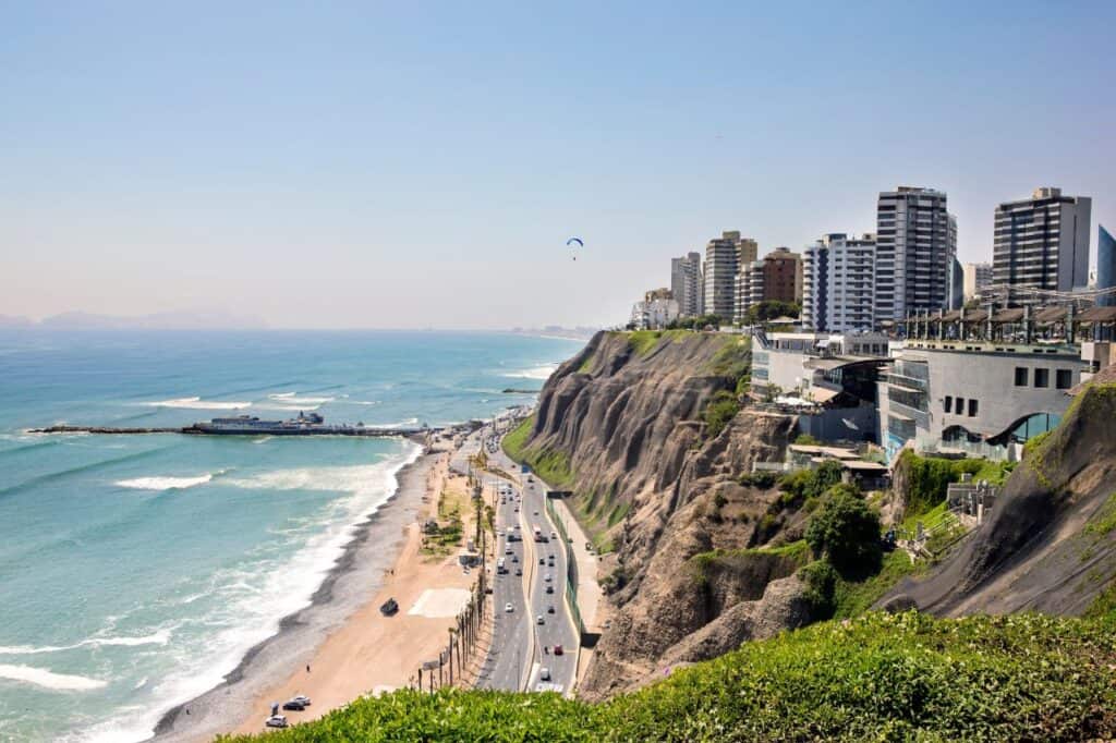 The coastline and highway along the beach in Lima Peru