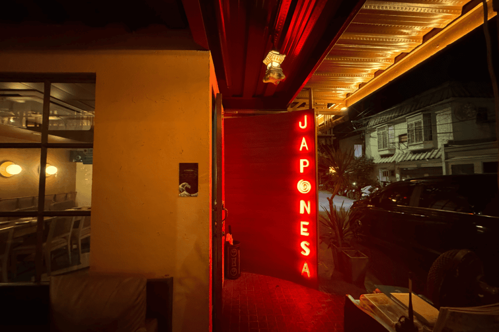 Exterior of the Japonese restaurant with a red sign