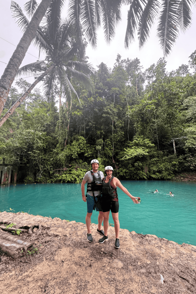 Two people excited to be done with canyoneering