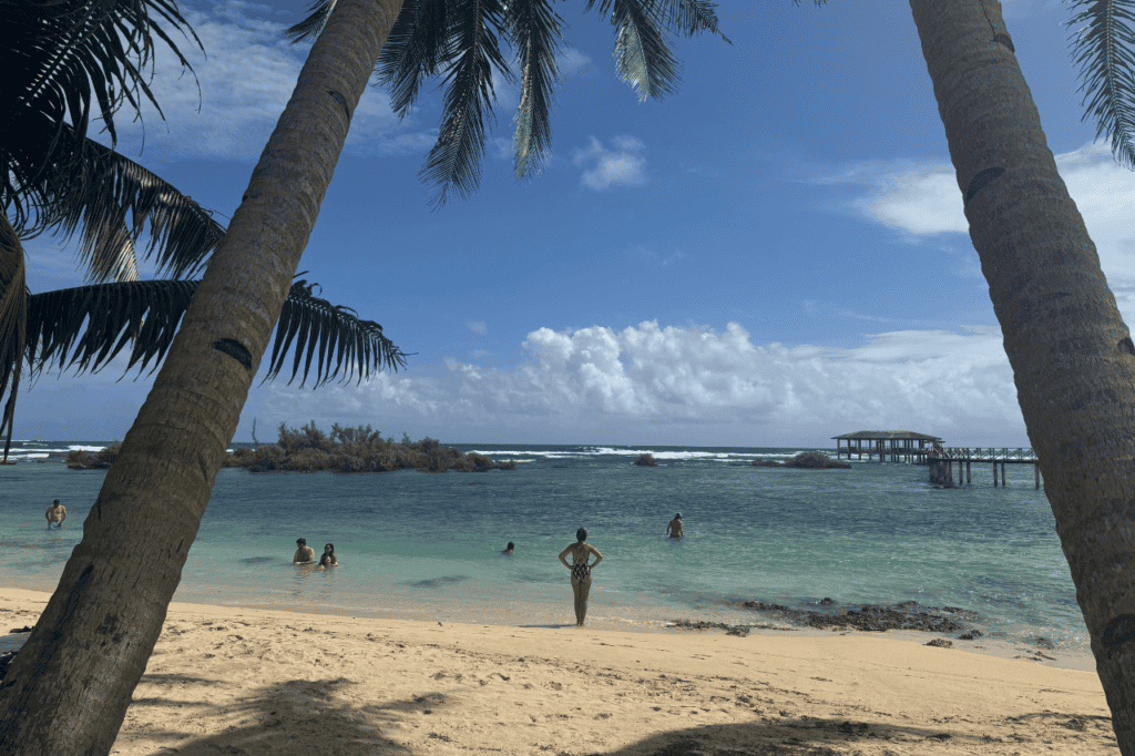 Woman standing in between two coconut trees in Siargao