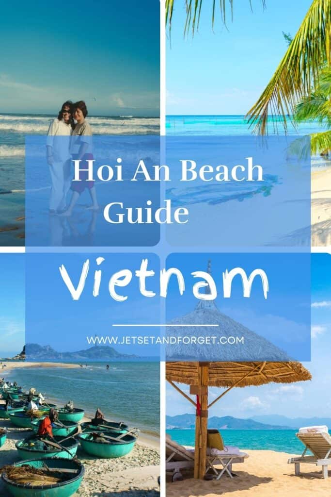 Pinterest graphic with text about Hoi An Beach over a photo of peaceful shoreline and palm trees