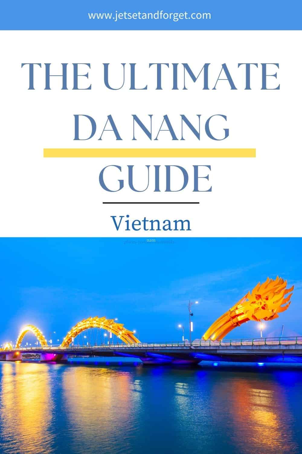 Travel pin showing Da Nang attractions with text overlay and a scenic or urban view in the background