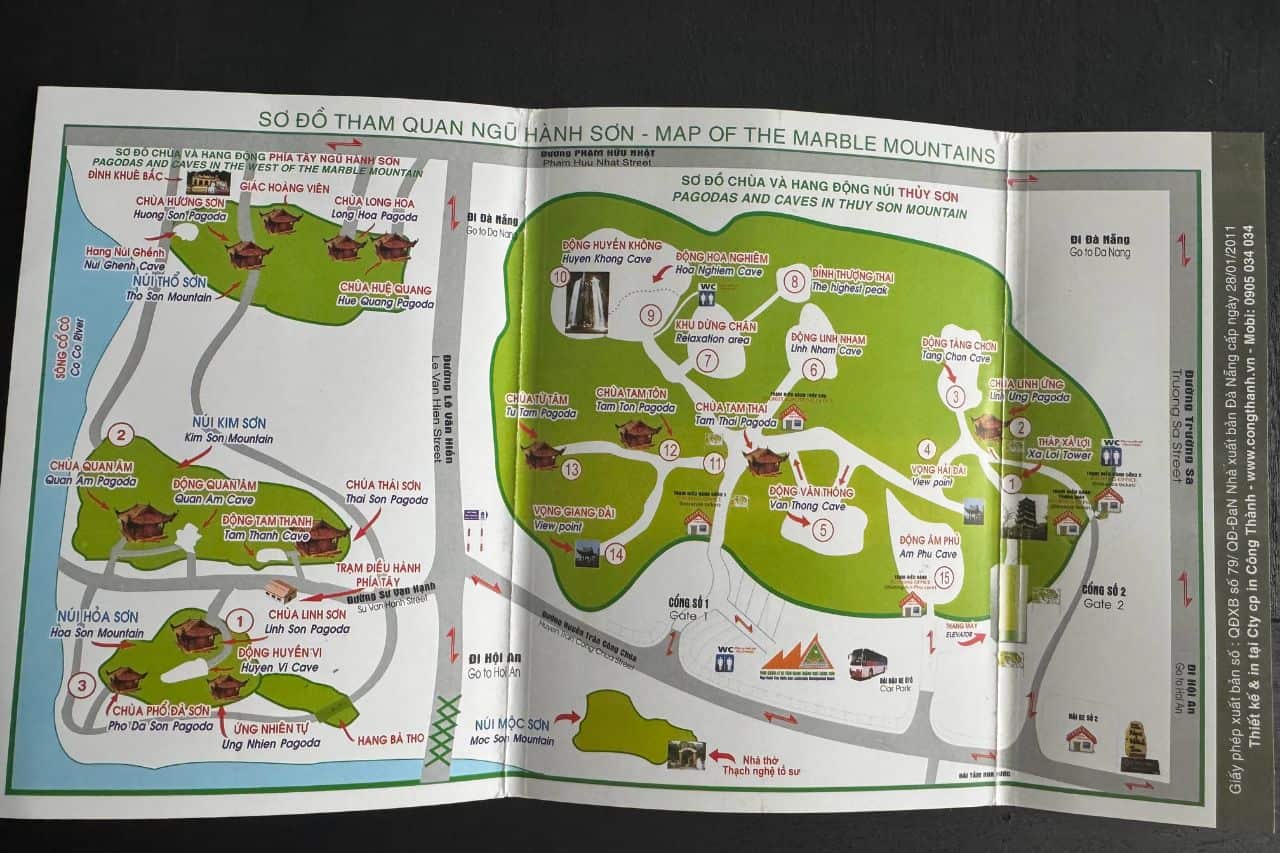Paper map showing pagodas, caves, and hiking paths at Marble Mountains Vietnam