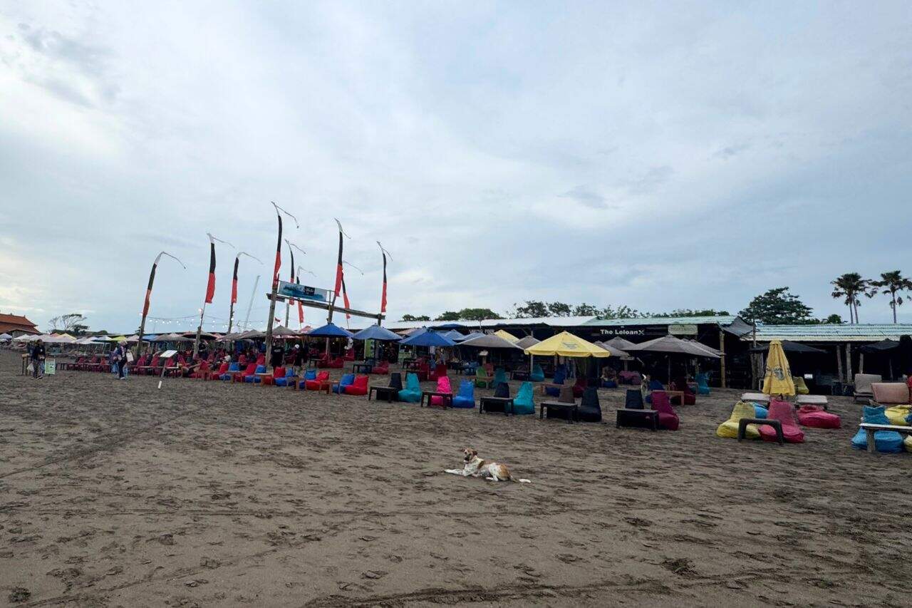 Colorful beach loungers and umbrellas on beach Canggu Bali with oceanfront cafés