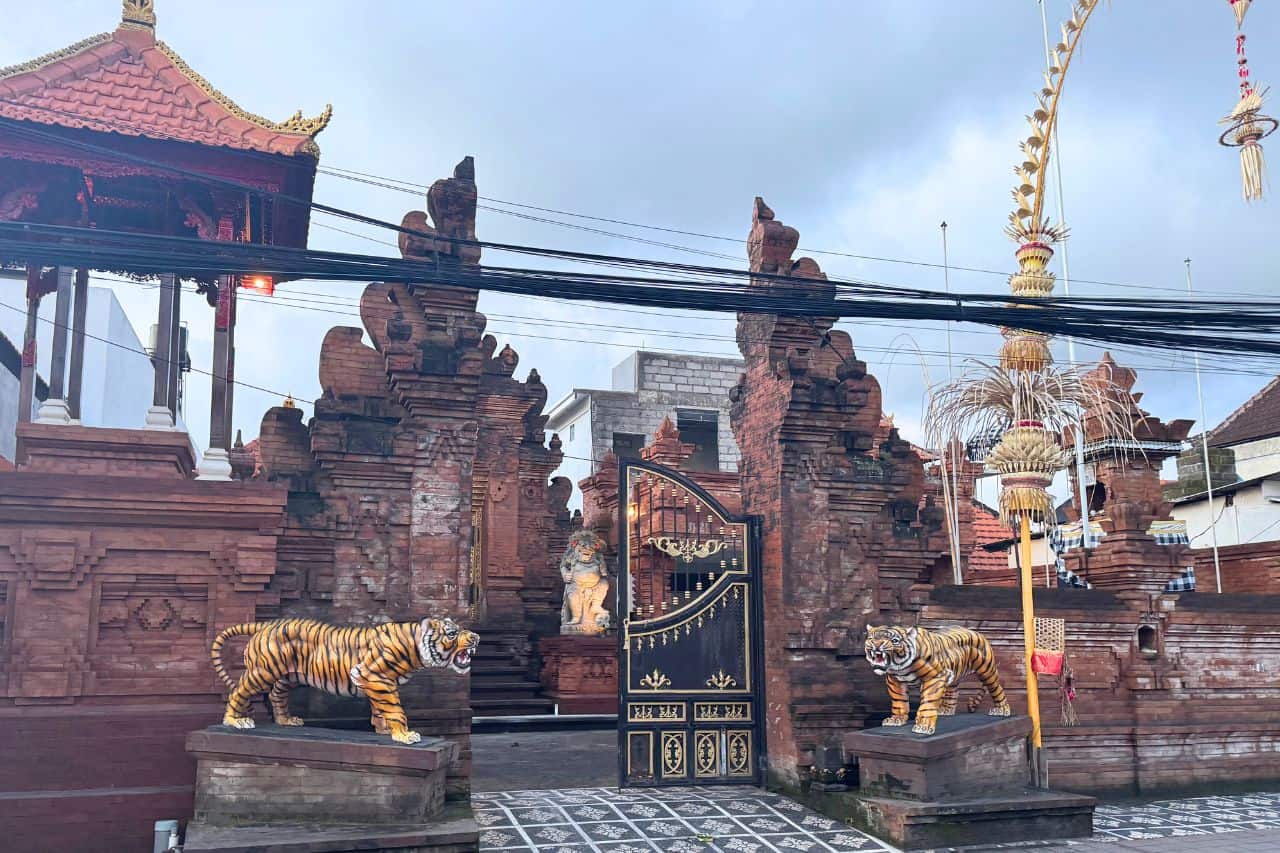 Decorative tiger statues in front of a Balinese temple entrance in Canggu Bali.