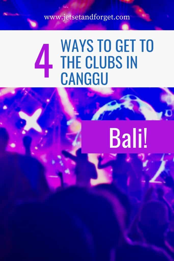 Party scene with lights and dancing crowd in Canggu, Bali, promoting nightlife transportation tips.