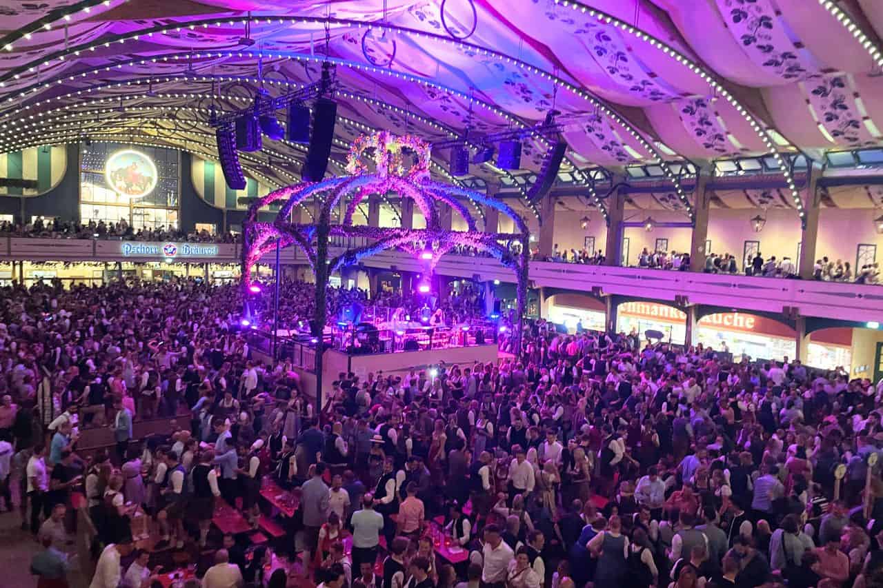 Aerial view inside a crowded Oktoberfest beer tent in Munich