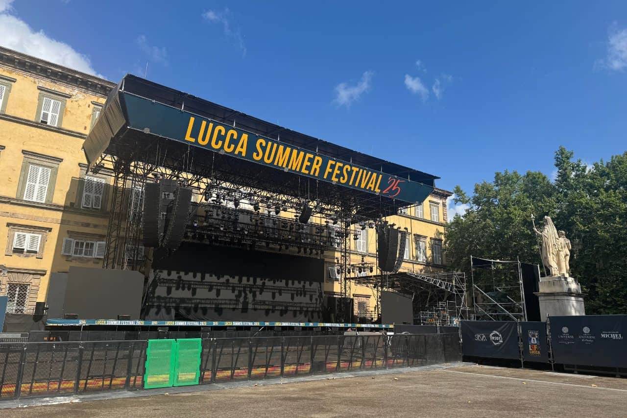 Stage Setup for Lucca Summer Festival Large outdoor stage in Lucca’s city center prepared for the annual Lucca Summer Festival music event
