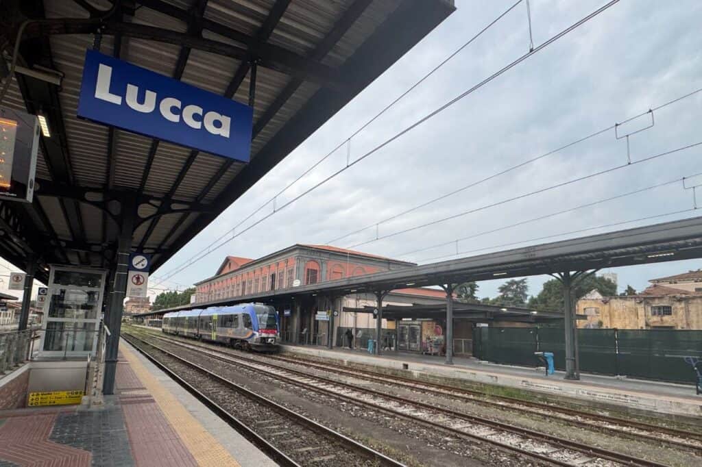 Train pulling into Lucca Italy’s main train station, entrance to the historic walled city
