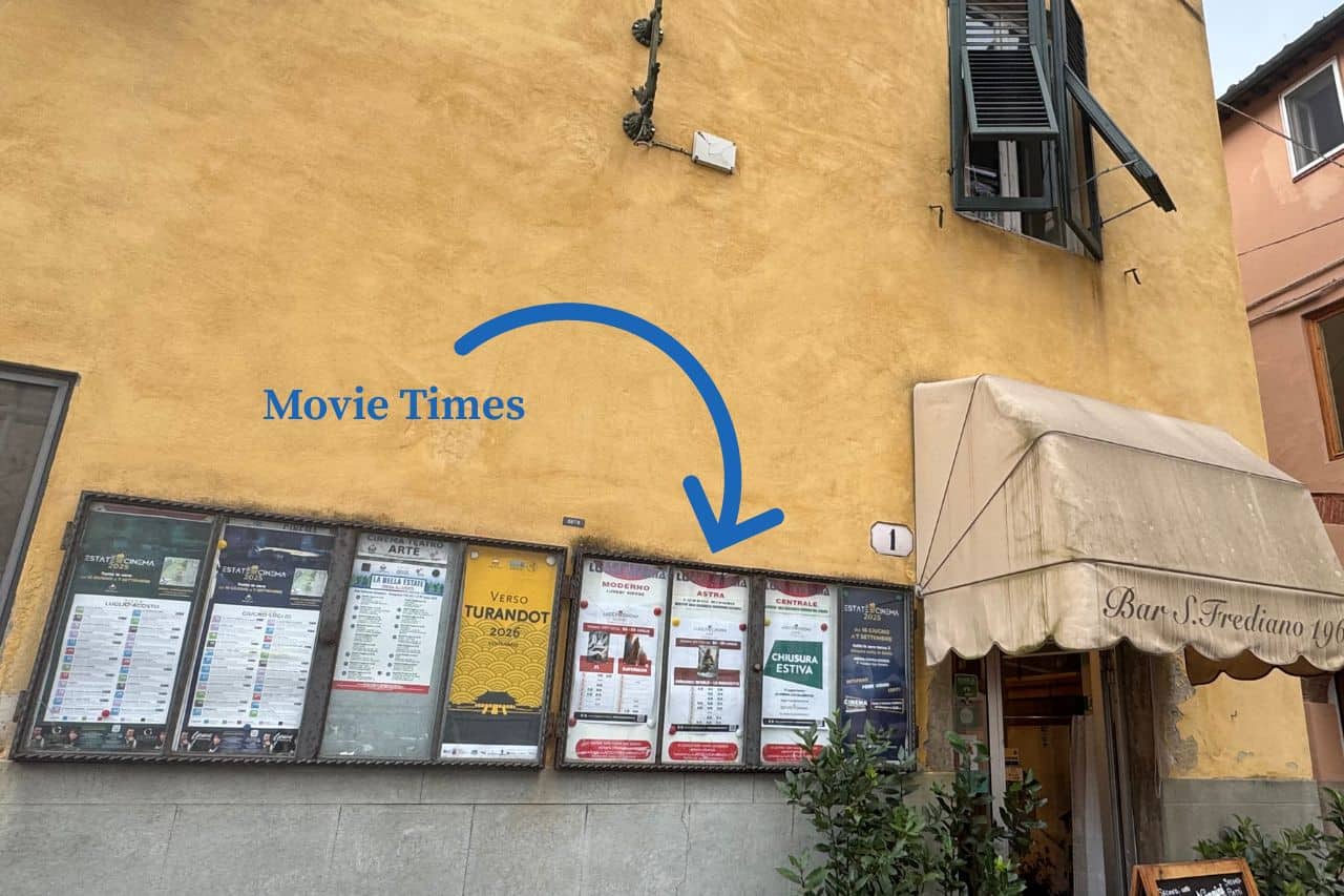 Cinema Movie Showtimes in Lucca Italy Wall display showing movie times at a cinema Lucca Italy, including English language screenings on Sundays