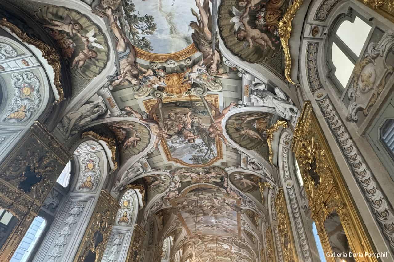 Ceiling Frescoes at Galleria Doria Pamphilj in Rome Ornate ceiling frescoes and gold details inside Galleria Doria Pamphilj in Rome