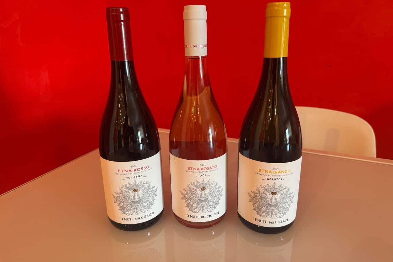 Tenute dei Ciclopi Etna Wines in Catania Bottles of Etna Rosso, Etna Rosato, and Etna Bianco wines from Tenute dei Ciclopi in Catania, Sicily.